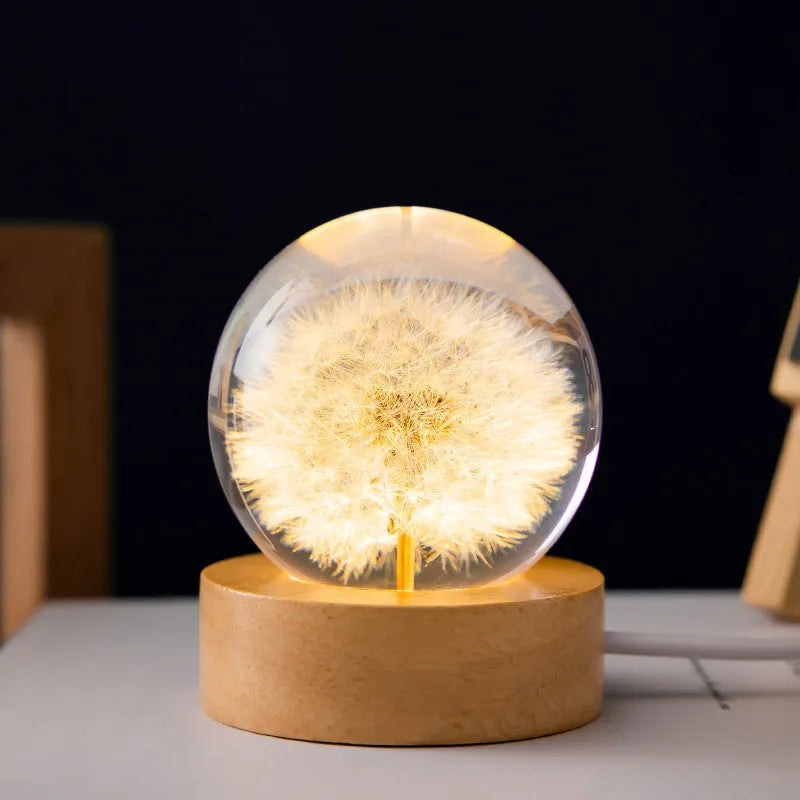 Dandelion crystal ball night light on beech wood stand with USB cable