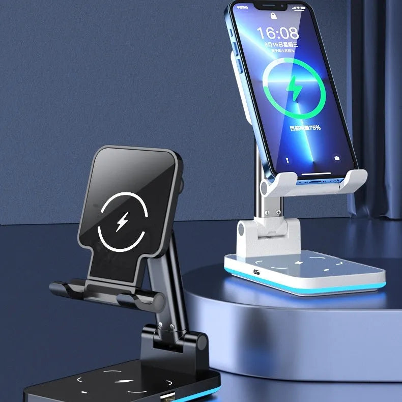 Black and white desktop mobile phone stand with wireless charging capability