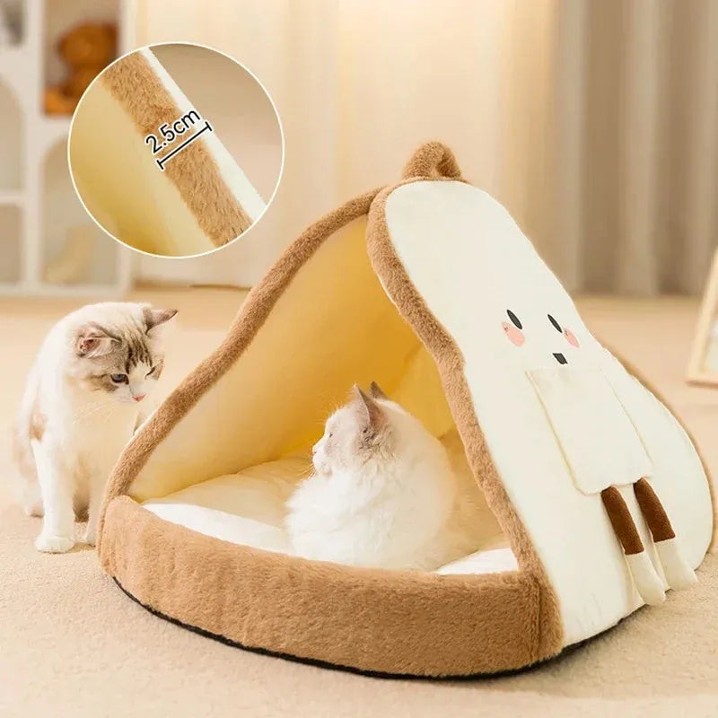 Green winter cat tent cave bed with plush blanket inside, shown in size L.