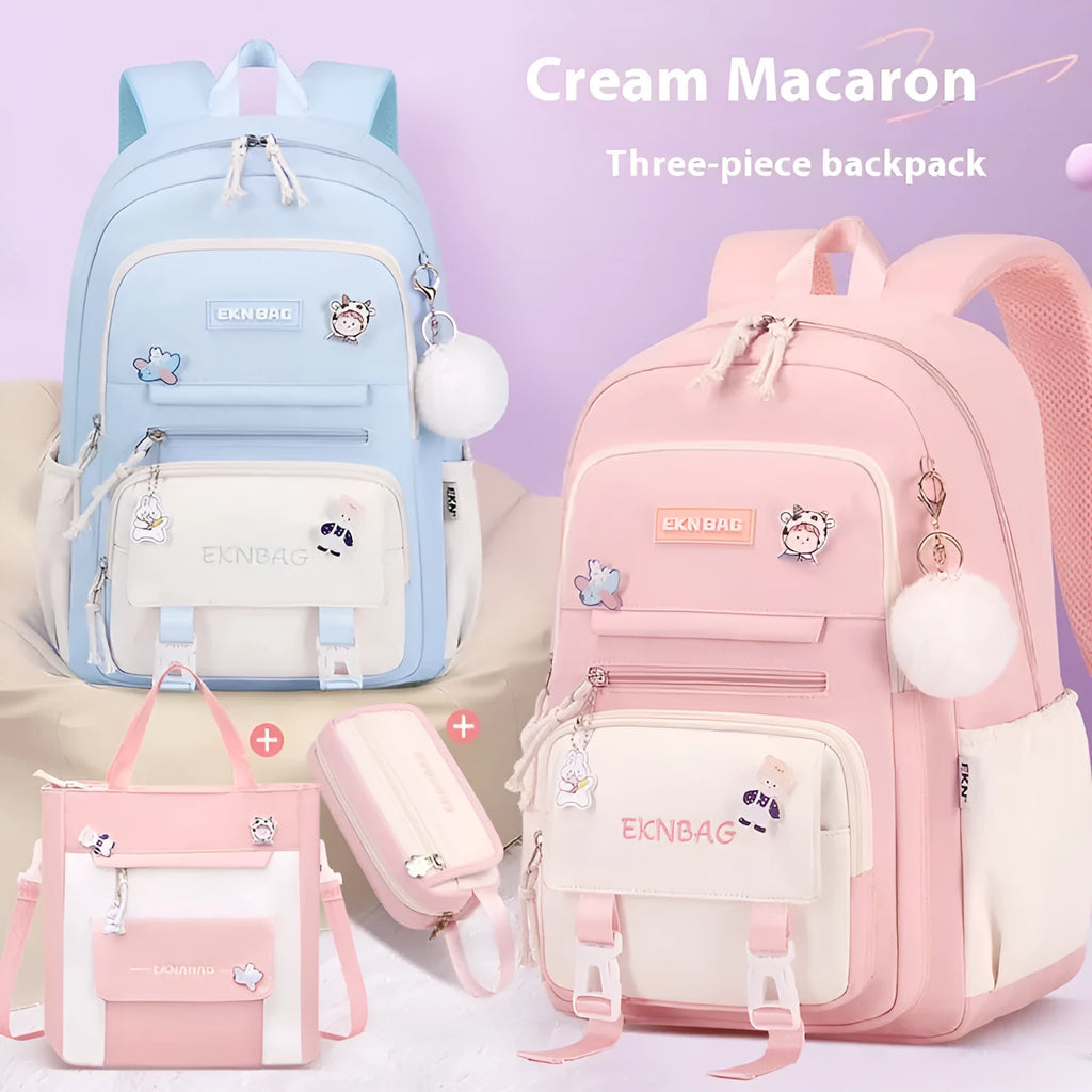 Pink waterproof Oxford cloth school backpack for girls with curved shoulder straps