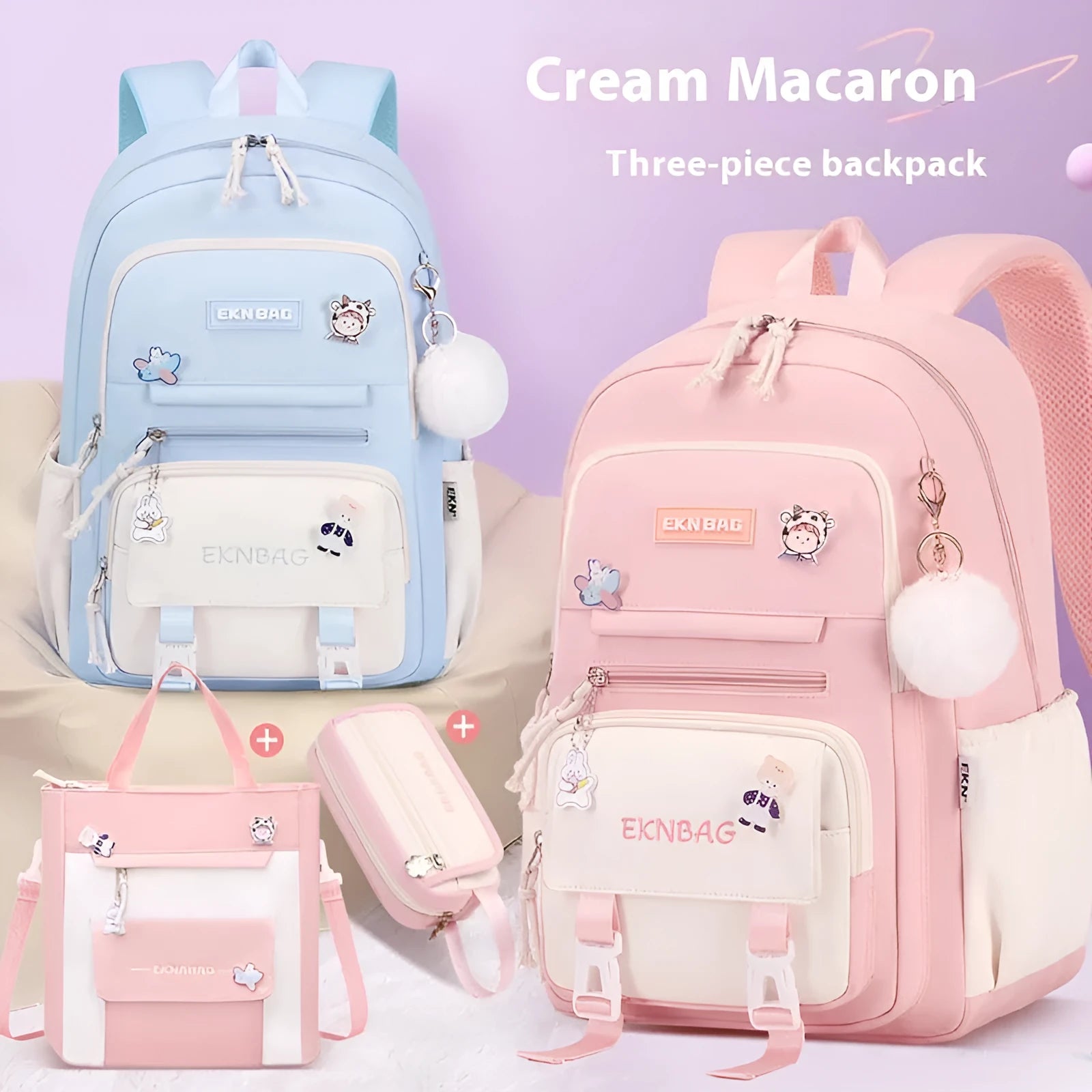 Pink waterproof Oxford cloth school backpack for girls with curved shoulder straps