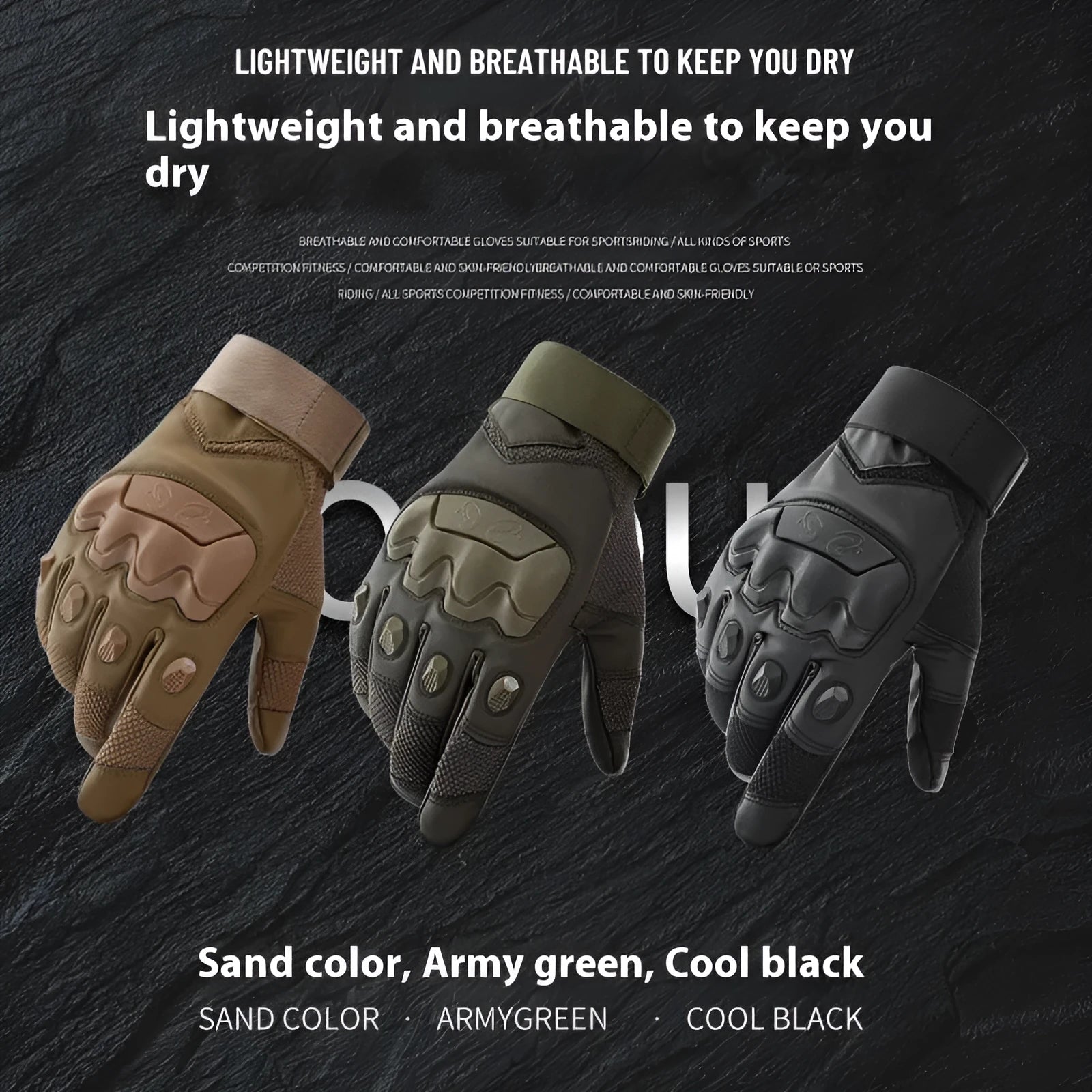 Men's black tactical training gloves with full finger design and touch screen fingertips.