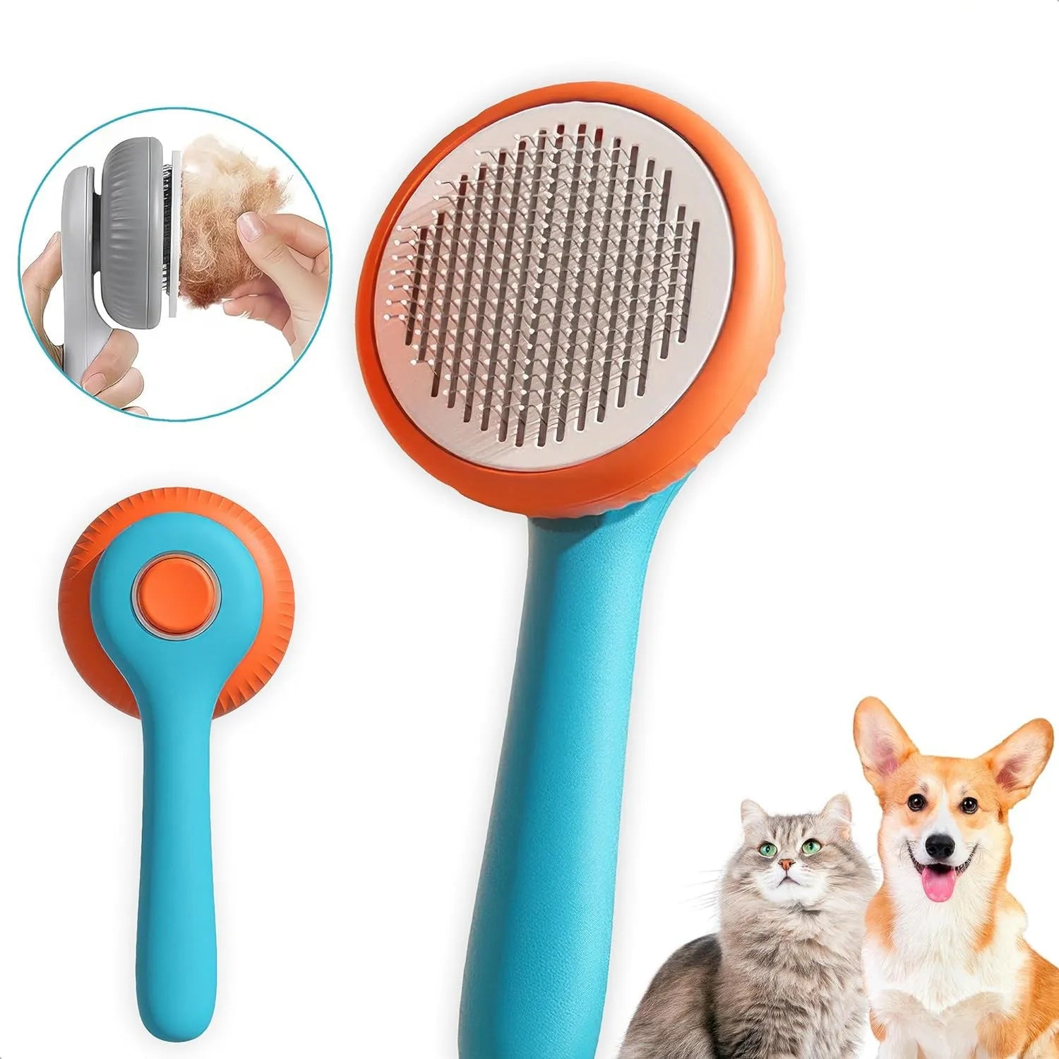 Blue and white self-cleaning pet grooming slicker brush with massage function for cats and dogs.