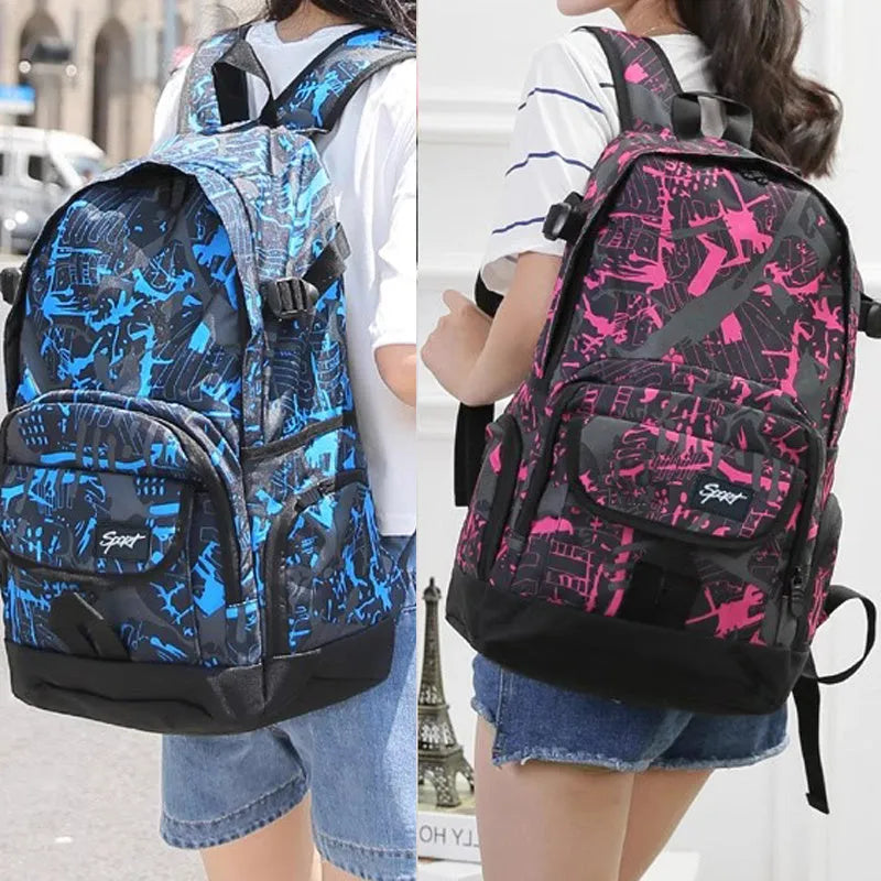 Blue classic nylon backpack with large main compartment and adjustable padded shoulder straps.