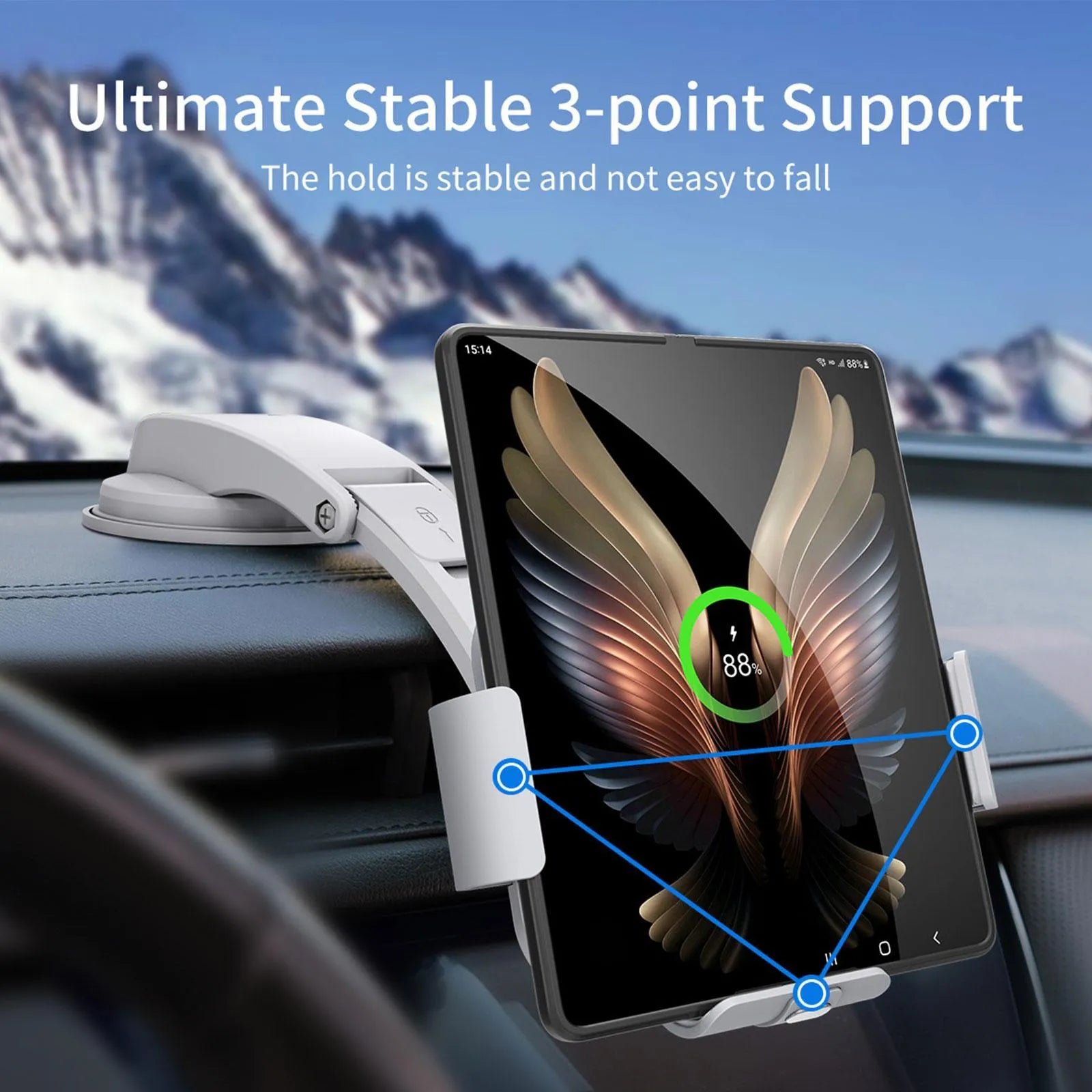 Grey wireless charging car phone holder with folding screen showing air vent clip and suction cup mounting options
