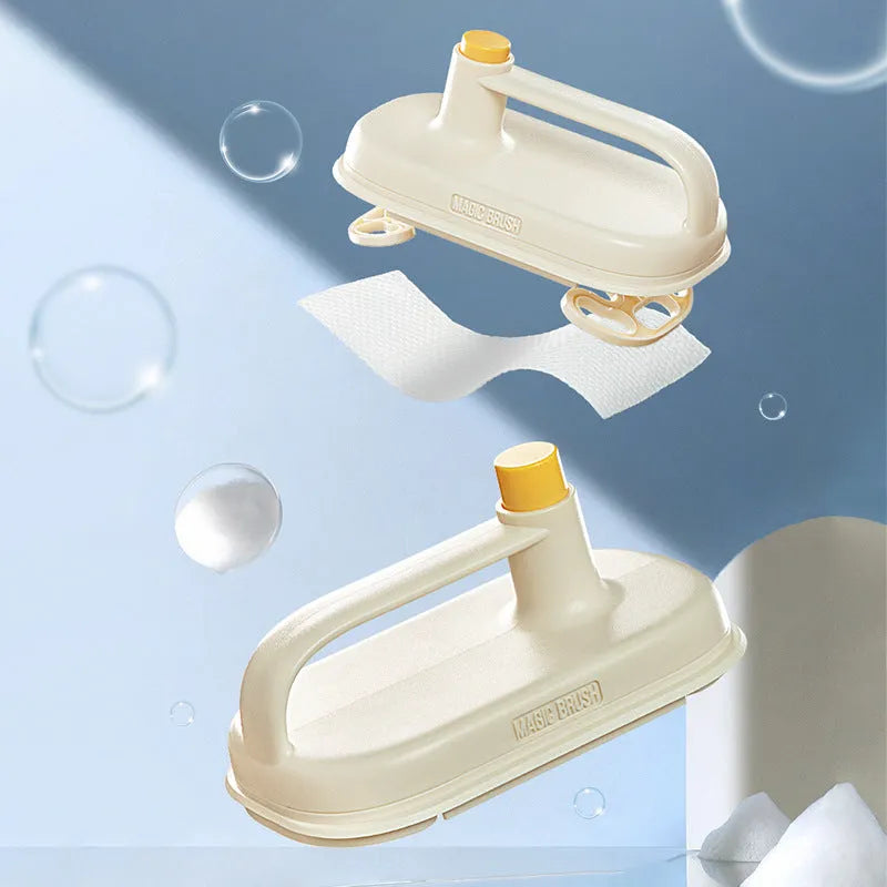 Magic Brush disposable cleaning brush with handle, 50 white rag refills, and a storage box holder.