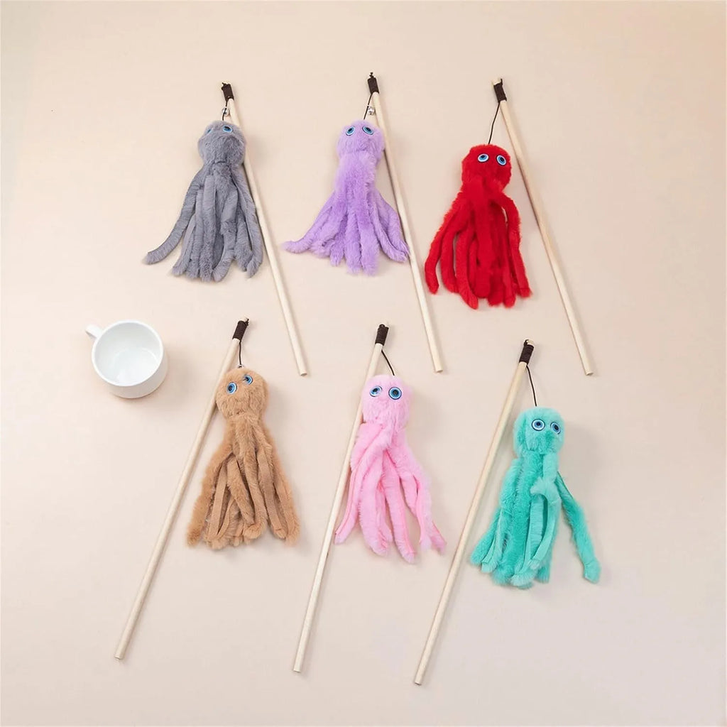 Octopus cat toy with long stick and movable eyes in bright colours for indoor kittens