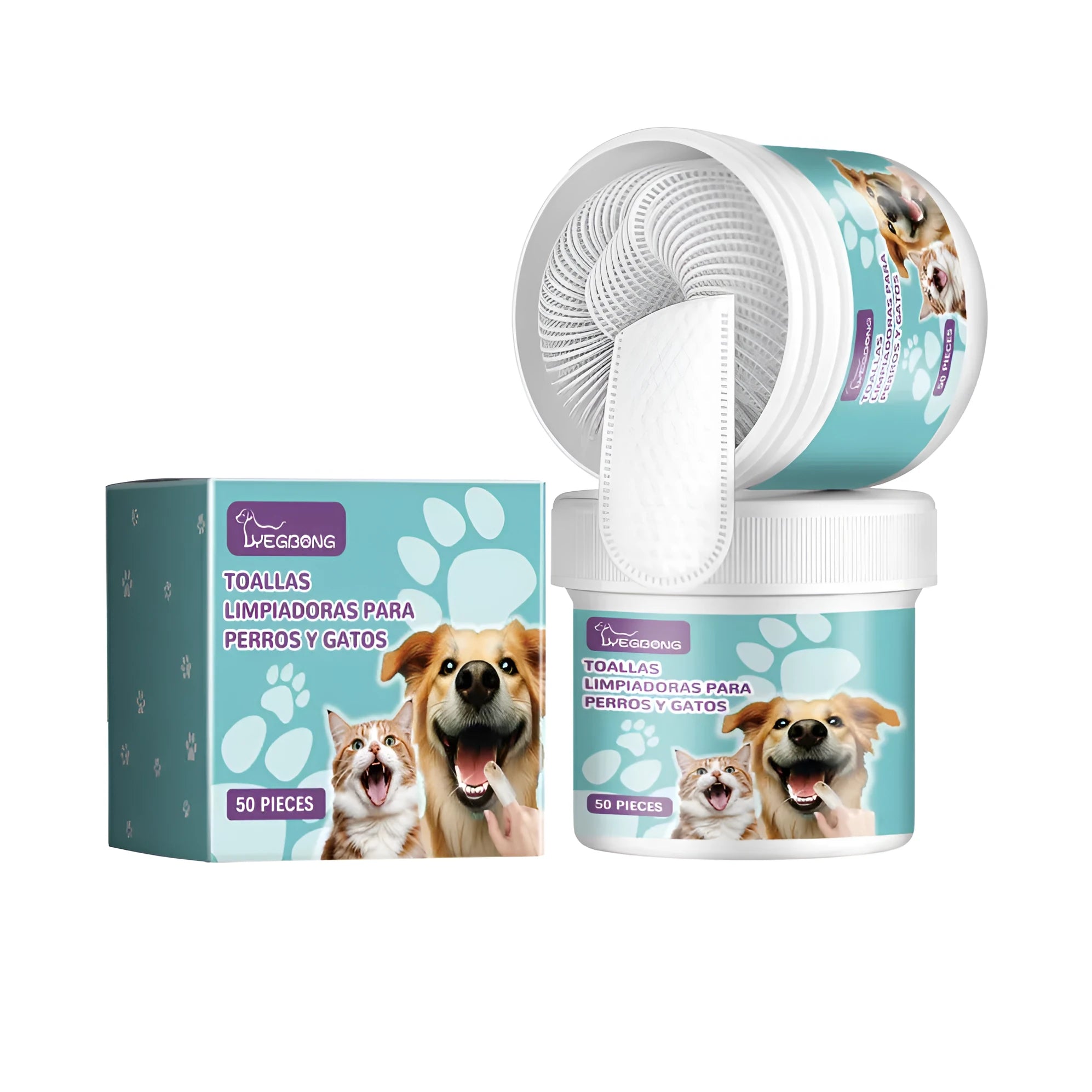 Dog dental cleaning finger glove with tartar removal ingredients on white background.