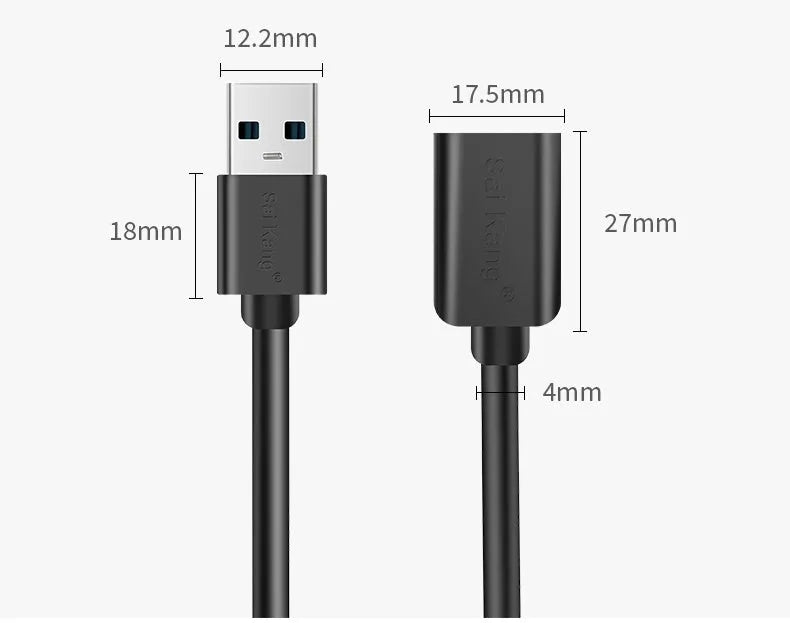 Black USB 3.0 and USB 2.0 male to female extension cable showing connectors, available in multiple lengths.