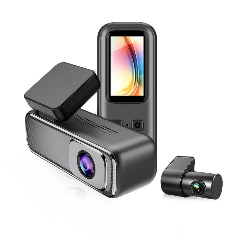 Car dashboard camera with 1.2-inch screen mounted on windscreen, showing WIFI and recording indicators.