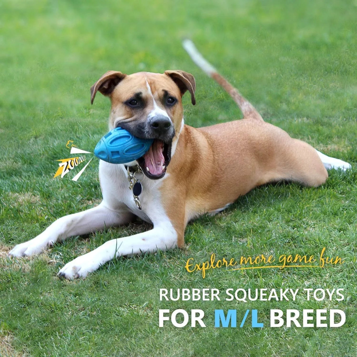 Durable natural rubber squeaky chew ball dog toy with surface grooves for medium and large breeds
