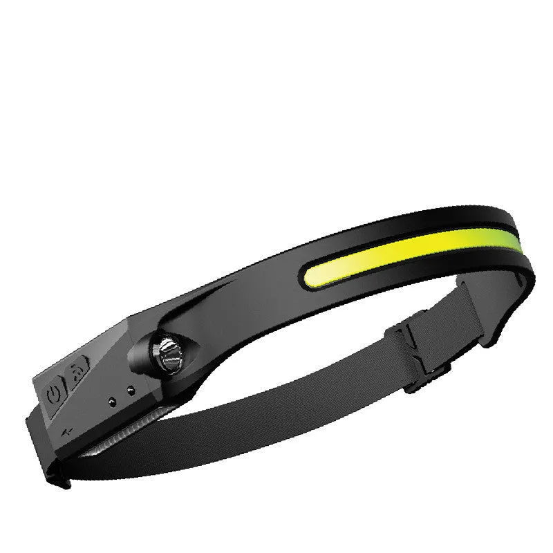 Black silicone USB rechargeable headlamp with wide LED beam, shown with adjustable strap and side wave sensor.