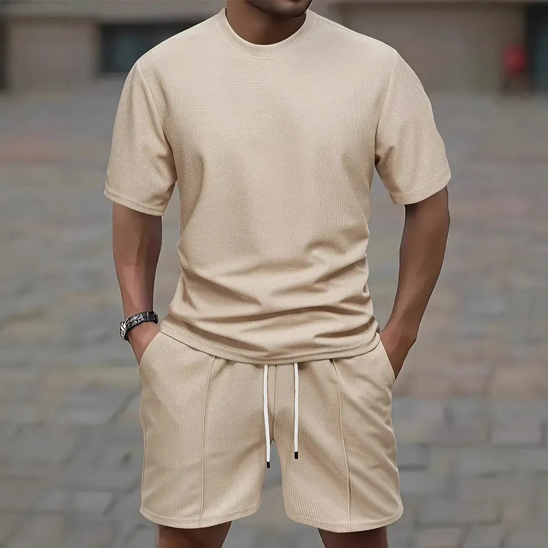Men's apricot waffle texture short sleeve blouse and matching shorts laid flat