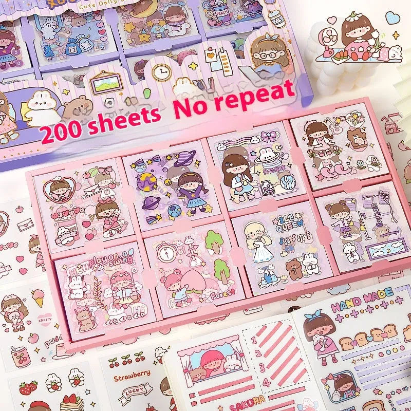 Children's sticker collection box showing five themed designs: meatball characters, peach tea party, star team, and Nini diary artwork