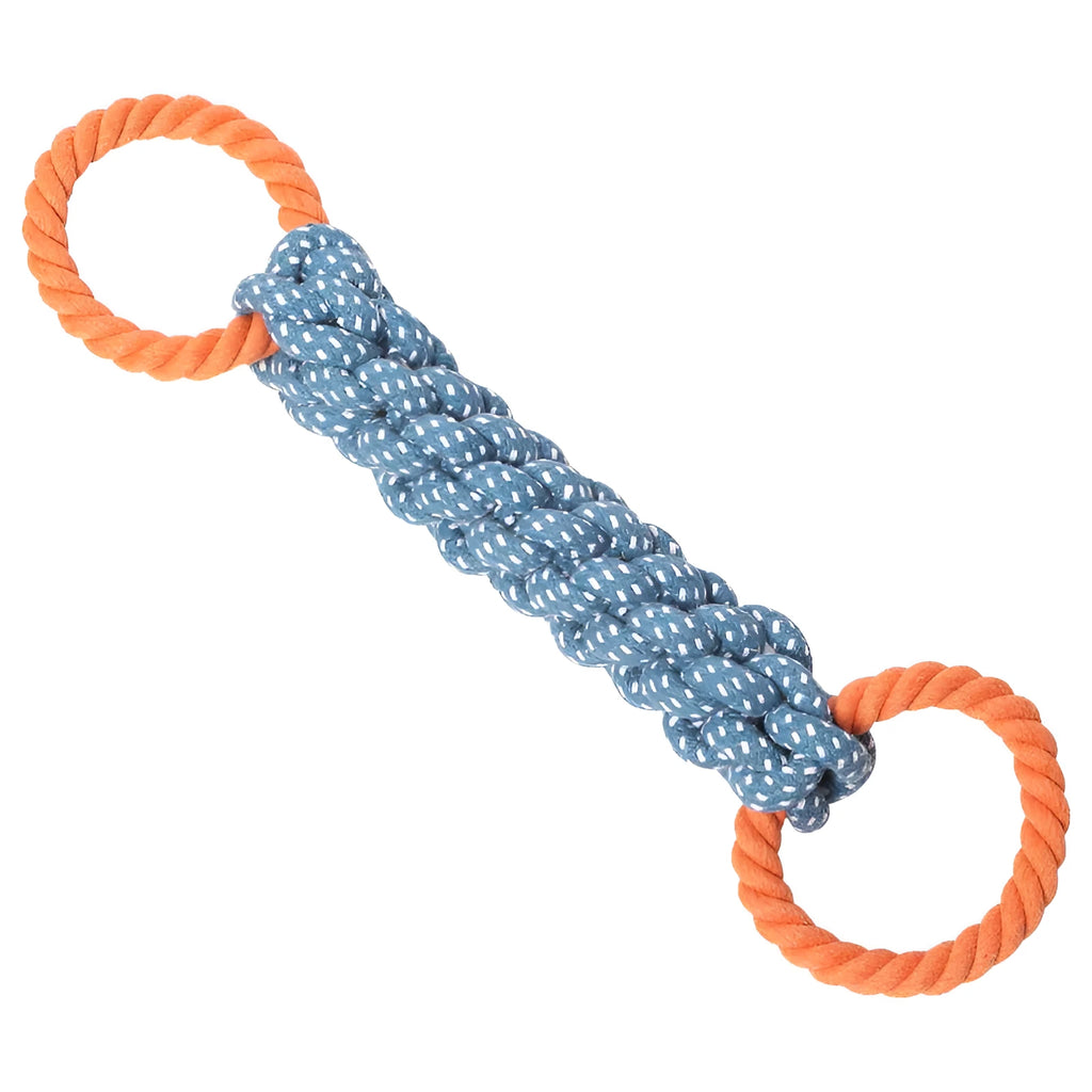Blue double-ring cotton dog chew toy with braided bone rope centre, shown at 37 cm length