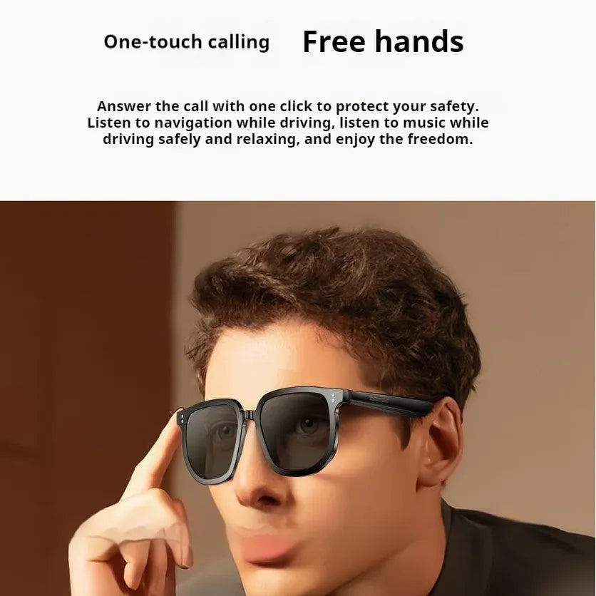 Black AI smart Bluetooth sunglasses with touch controls for hands-free calls and music.