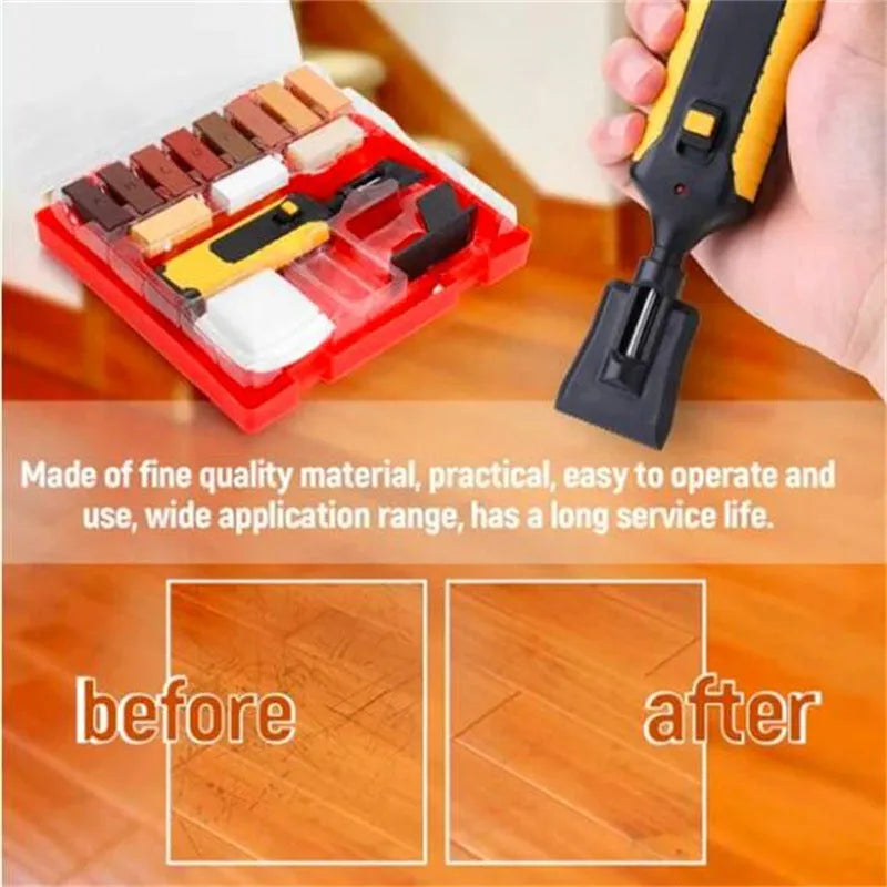 Floor repair tool set for DIY tile repair with red or yellow handles and wax components