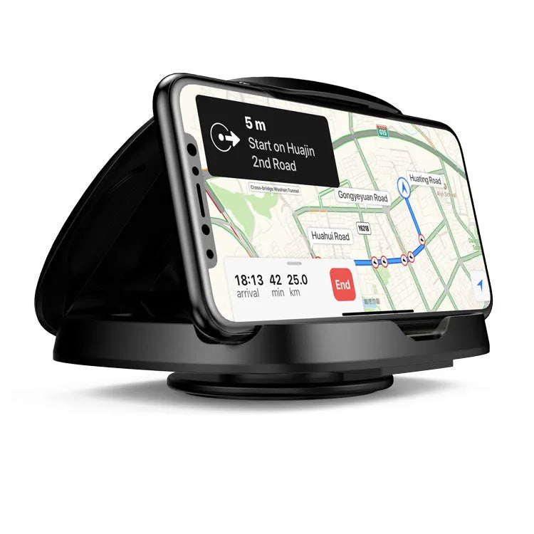 Black rotating suction cup car phone holder mounted on windscreen with smartphone in cradle