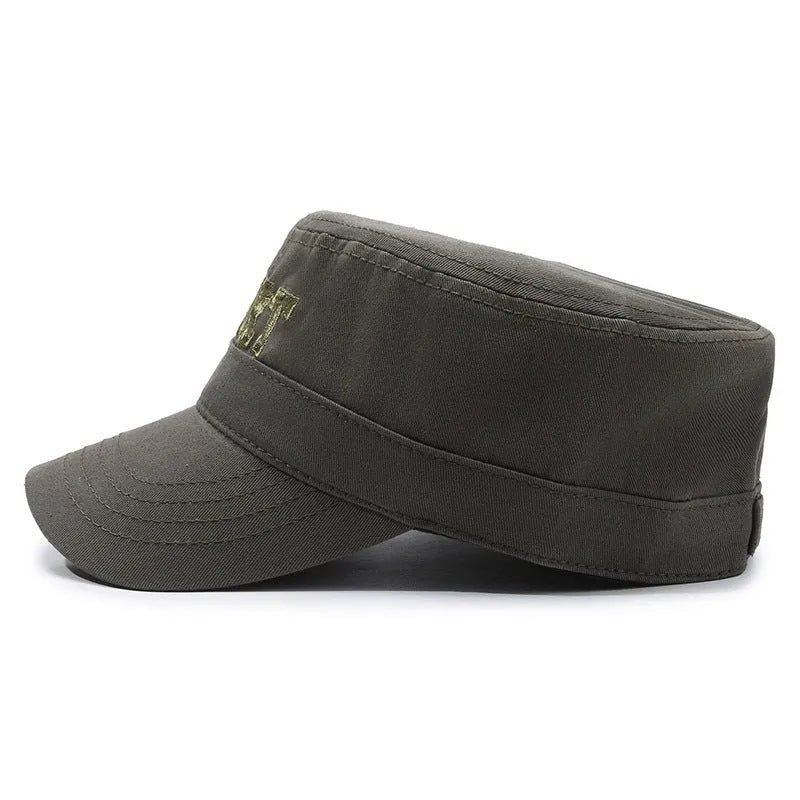 Men's flat-top dome peaked cap in cotton fabric on an adjustable strap, shown in khaki colour.