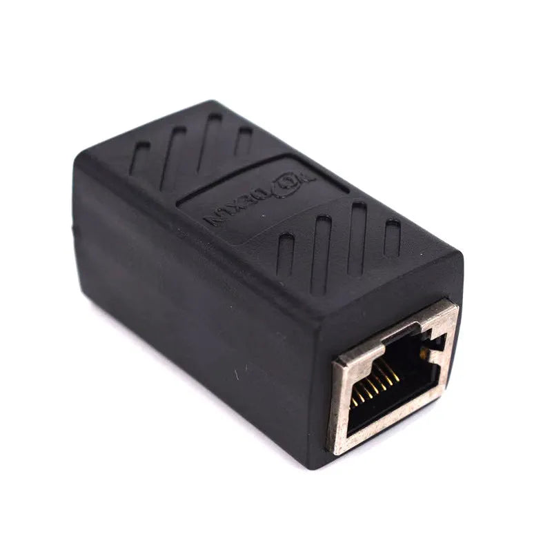 Black RJ45 network cable extender adapter with female-to-female connectors