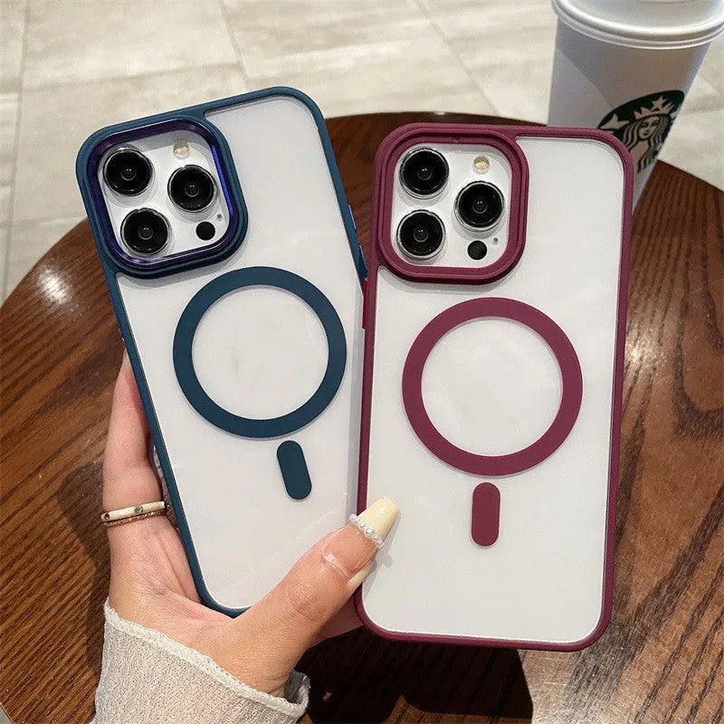 Acrylic magnetic soft edge phone case with anti-fingerprint sprayed finish for iPhone in multiple colours