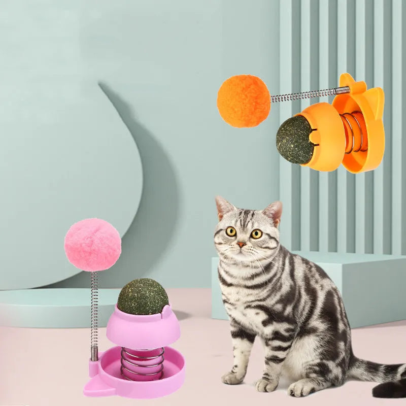 Blue interactive cat toy stick with mint ball for hairball relief and teeth cleaning