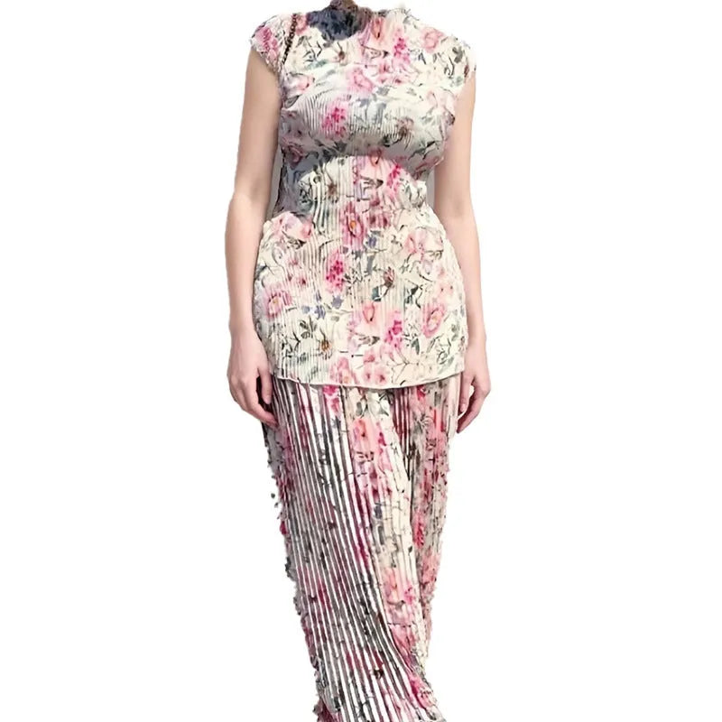 Long sleeve printed chiffon high waist dress shown as a two-piece skirt and top set.