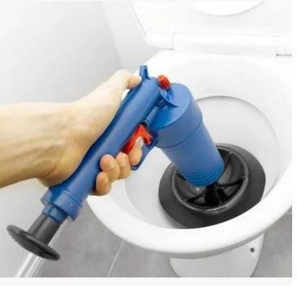 Plastic air power drain blaster gun with handle and four different-sized suction cup adaptors for clearing pipe blockages.