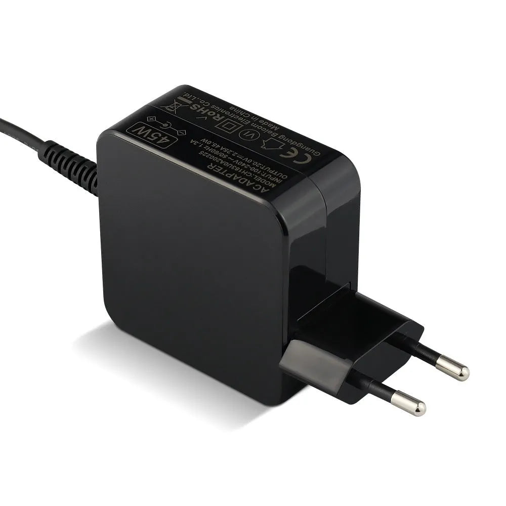 Black 45W laptop power adapter with DC connector for US and EU plugs