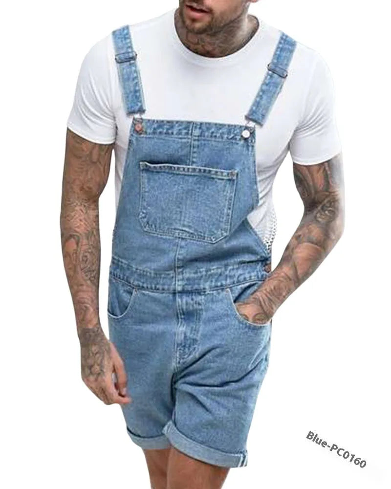 Youth medium elastic denim suspender shorts in black, blue or grey colours with zipper fly