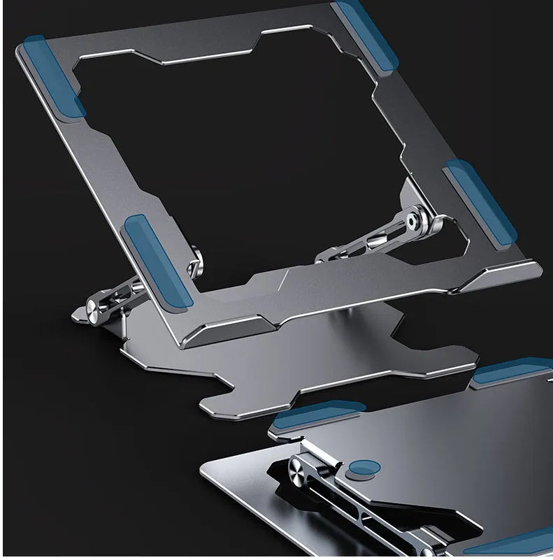 Grey aluminium adjustable laptop stand in folded position showing hollow design and silicone pads