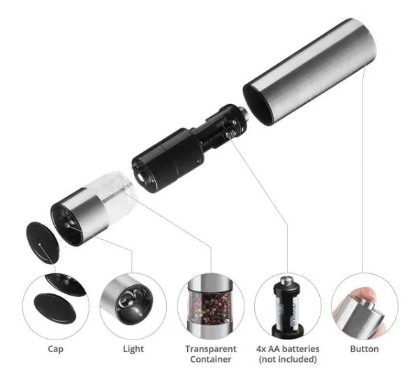 Stainless steel electric spice grinder with ceramic burrs on a kitchen counter.