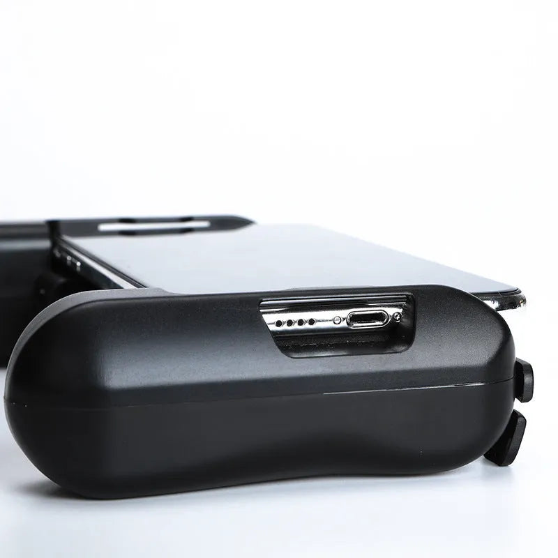Black Bluetooth cooling game controller for Apple iPhone mobile gaming with physical buttons