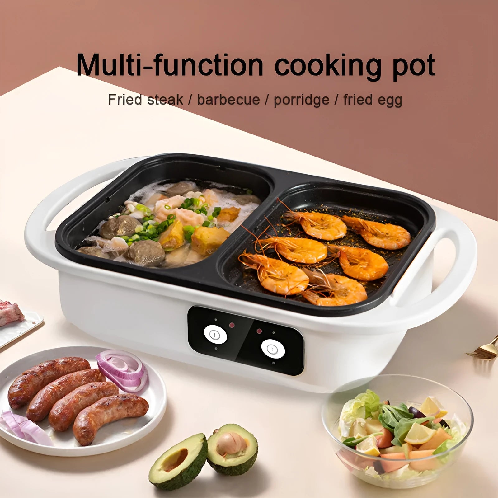 White or green household electric hot pot with mechanical controls, shown with dimensions.