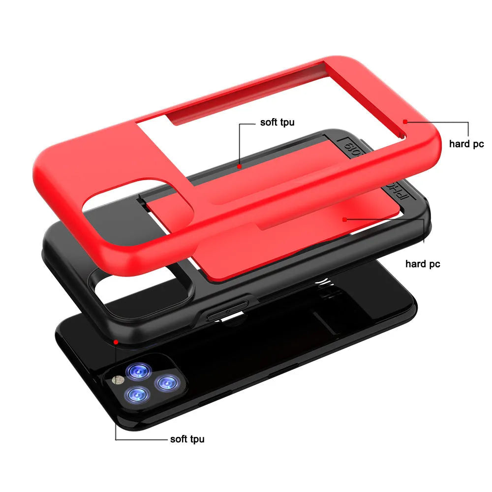Slim solid-colour mobile phone case for iPhone 11, shown in black, red, pink, blue, dark blue, and purple.