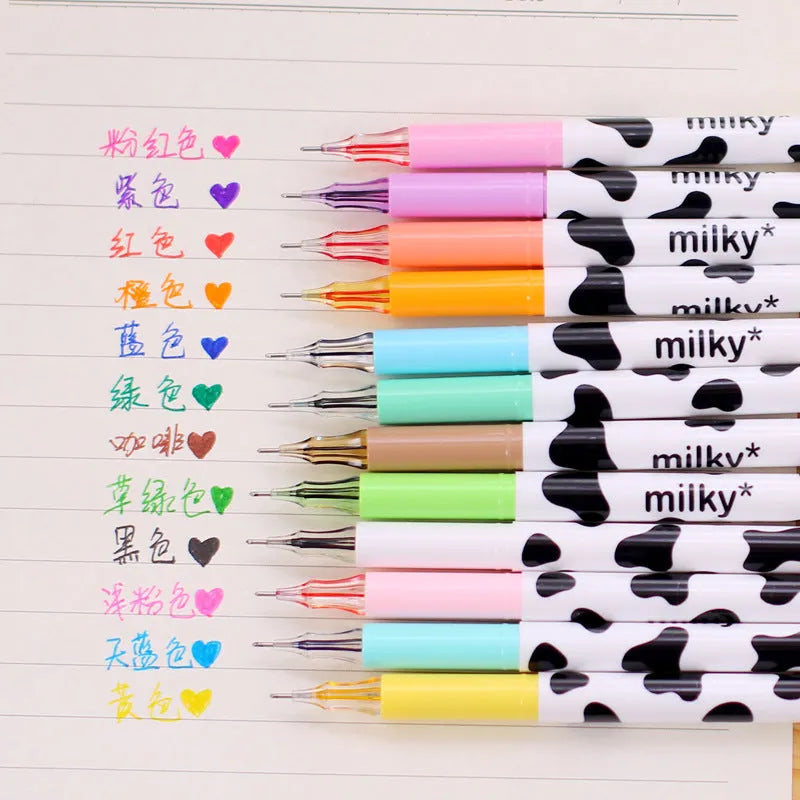 Cow print gel pen set with 0.38mm fine tip, showing 12 assorted colour refills.