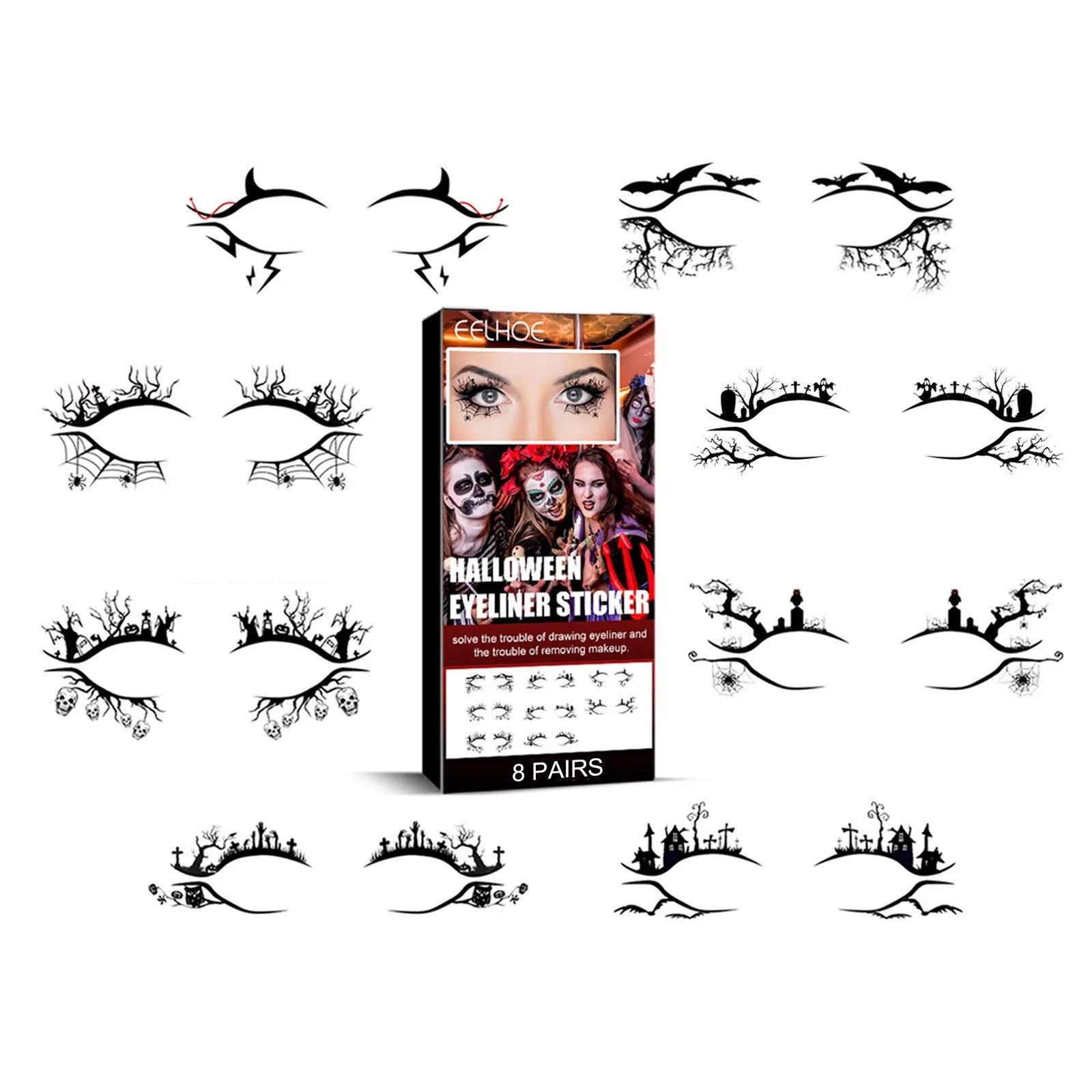 Eight pairs of bat and spider design eyeliner stickers for decorative Halloween makeup