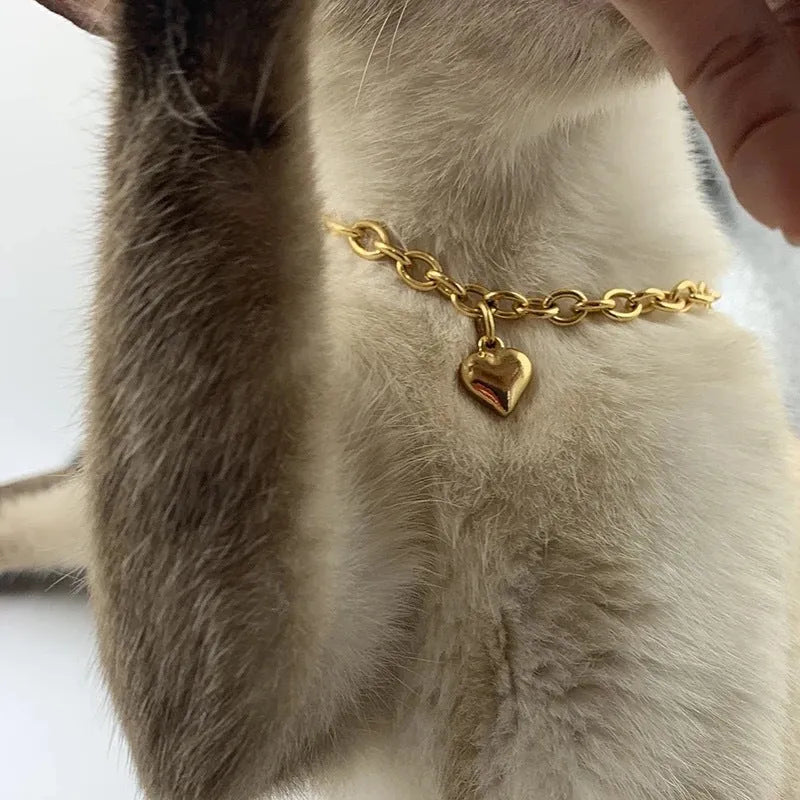 Stainless steel necklace with love heart pendant and cat dog charm in gold or silver finish