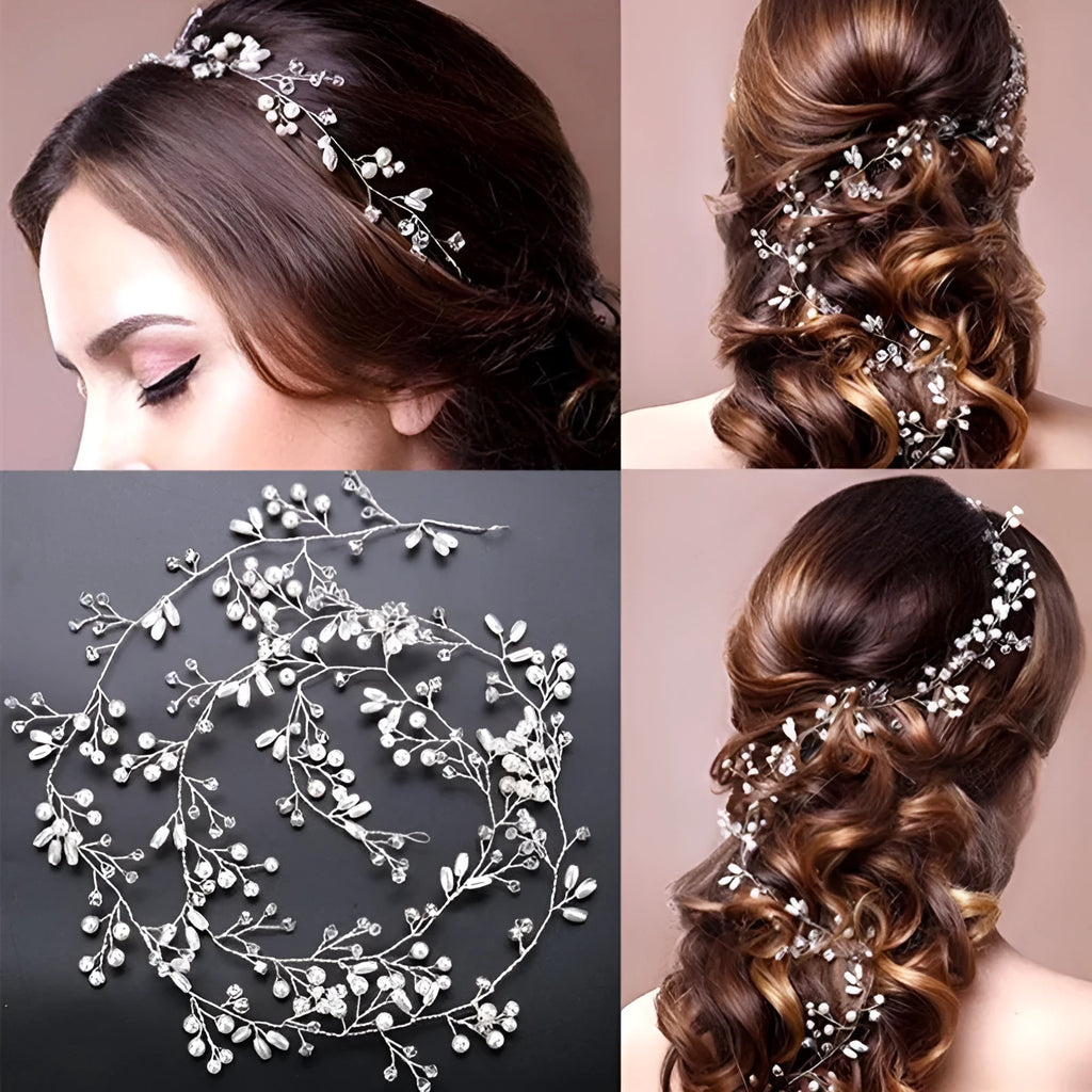 Bride's crystal pearl wedding hair band accessory in silver, gold, and rose gold colours with wired construction