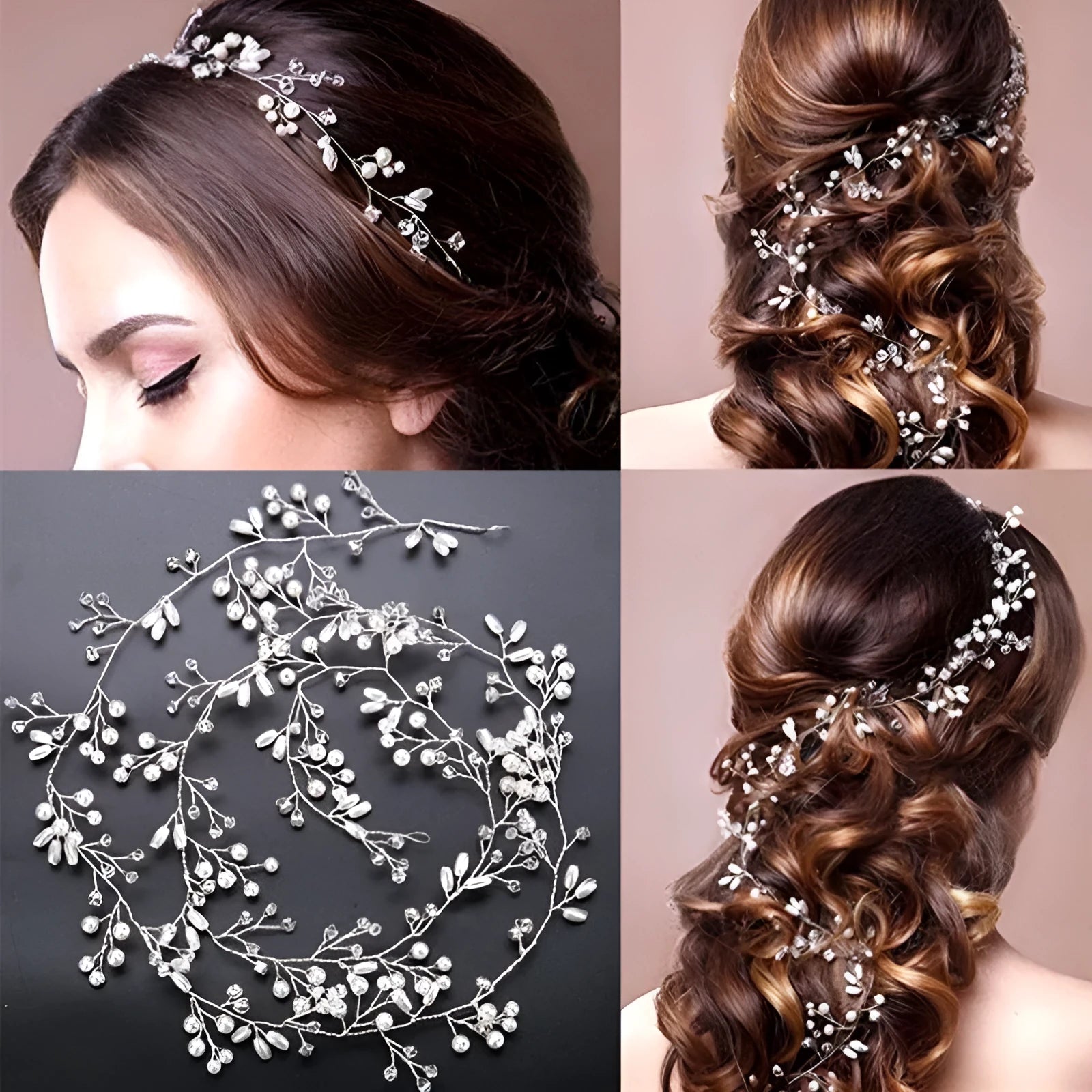 Bride's crystal pearl wedding hair band accessory in silver, gold, and rose gold colours with wired construction