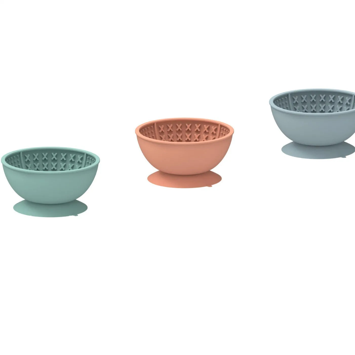 Cyan silicone dog licking mat bowl with suction cup base on a floor