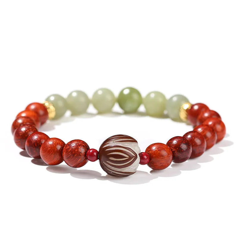 Red Rosewood and gray jade Bodhi Lotus bracelet for women with 12mm geometric beads.