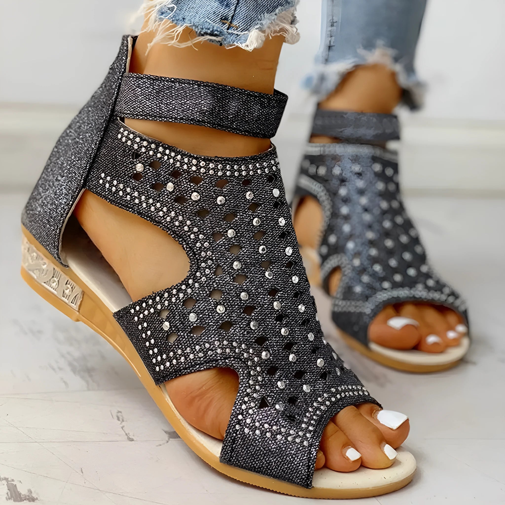 Rhinestones Roman sandals with peep toe and back zip design, PU upper, available in beige