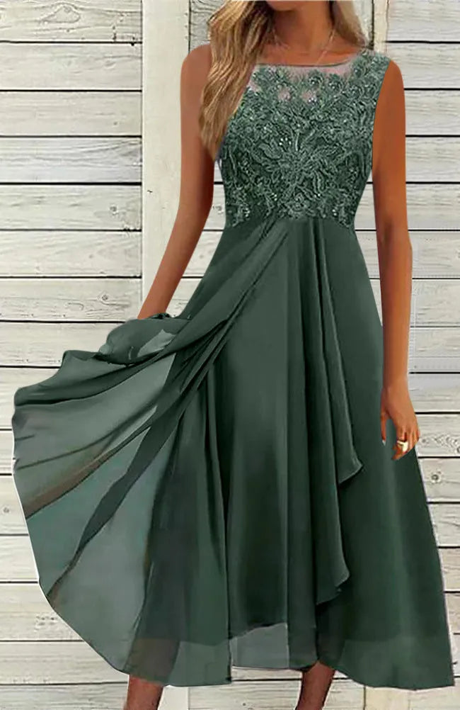 Women's sleeveless midi chiffon dress with hollow-out lace detail in blue, green, or purple.