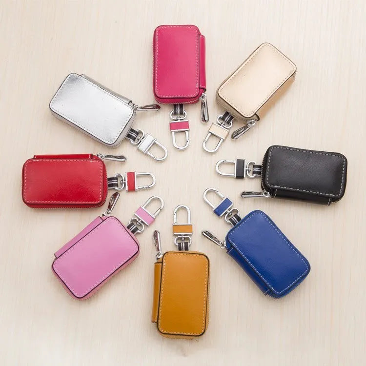 White genuine leather car key case with plain weave pattern and square vertical shape