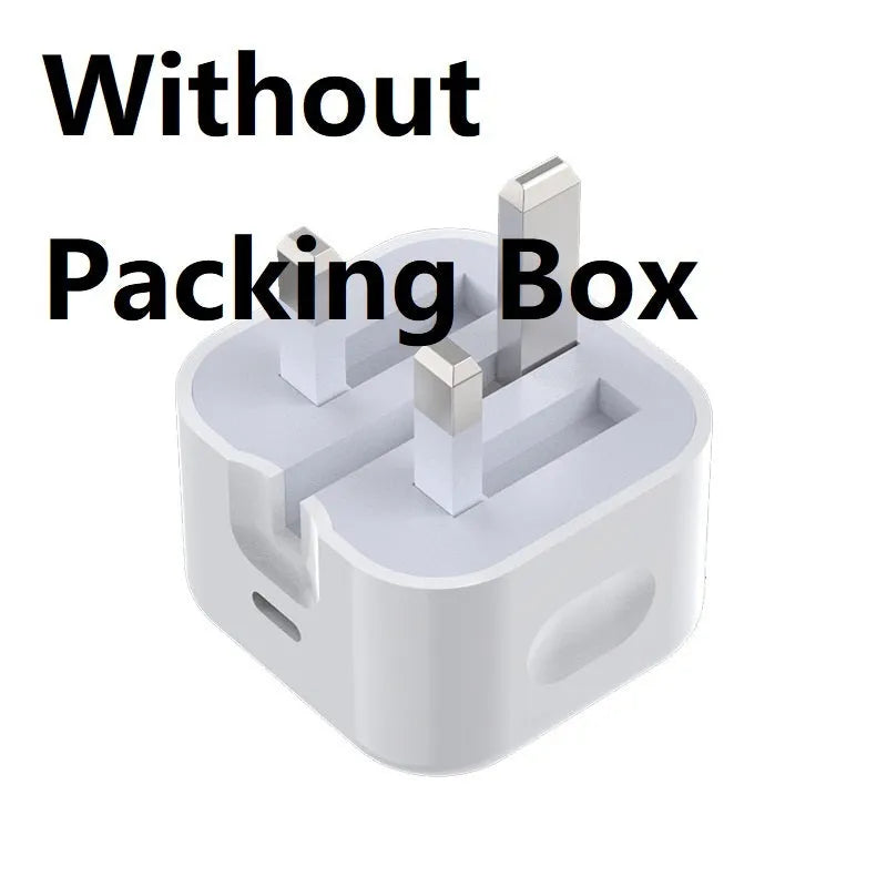 White 20W USB-C PD fast charger with UK plug and a coiled charging cable.