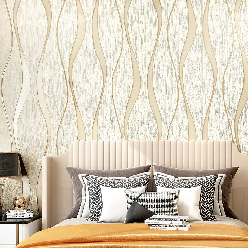 Close-up of curve stripe pattern on textured velvet wallpaper in dark brown, showing 3D effect.