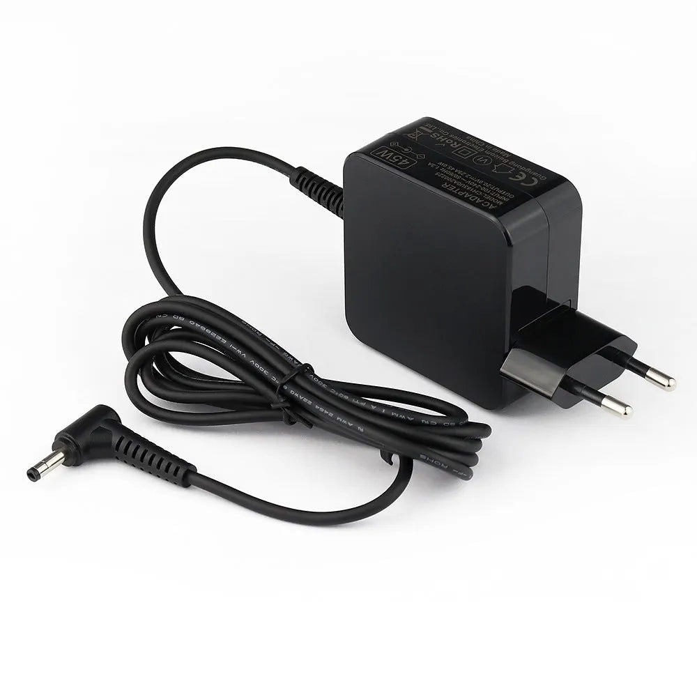 Black 45W laptop power adapter with DC connector for US and EU plugs