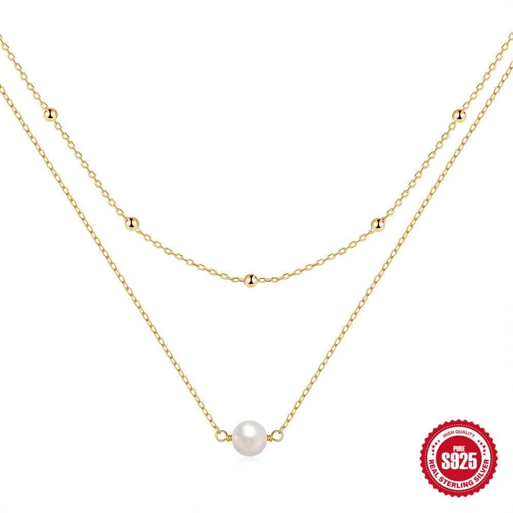Sterling silver double layer necklace with twin pearls on ball bead chain in gold or white gold plating
