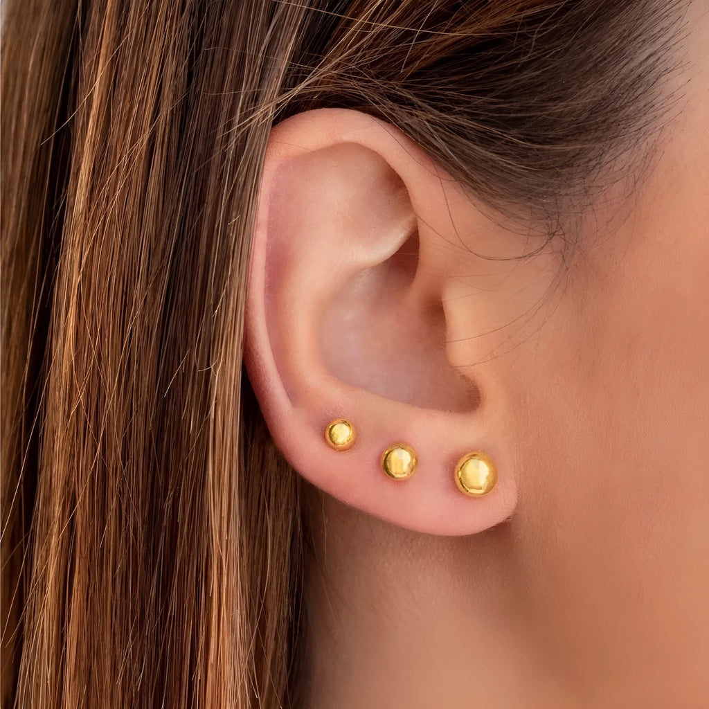 Stainless steel ball stud earrings in gold or silver plating, 3mm to 6mm sizes